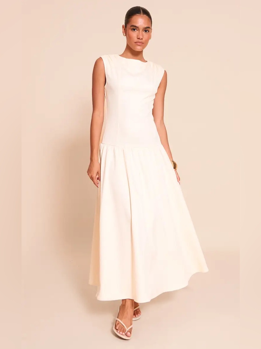 PrettyLittleThing Cream Woven Boat Neck Dropped Waist Maxi Dress